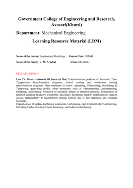 Mechanical Engineering Learning Resource Material (LRM)