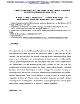 Phase Transitioned Nuclear Oskar Promotes Cell Division of Drosophila Primordial Germ Cells