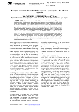 Ecological Assessment of a Coastal Shallow Lagoon in Lagos, Nigeria: a Bio-Indicator Approach