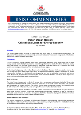 RSIS COMMENTARIES RSIS Commentaries Are Intended to Provide Timely And, Where Appropriate, Policy Relevant Background and Analysis of Contemporary Developments