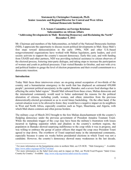 1 Statement by Christopher Fomunyoh, Ph.D. Senior Associate and Regional Director for Central and West Africa National Democrati