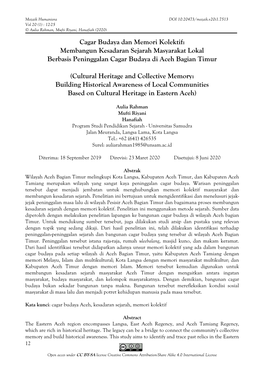 Cagar Budaya Dan Memori Kolektif: Membangun Kesadaran Sejarah Masyarakat Lokal Berbasis Peninggalan Cagar Budaya Di Aceh Bagian Timur