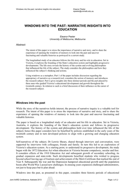 Narrative Insights Into Education Eleanor Peeler Epeeler@Unimelb.Edu.Au