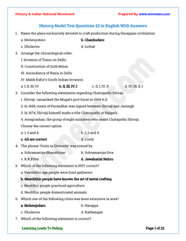 History Model Test Questions 22 in English with Answers