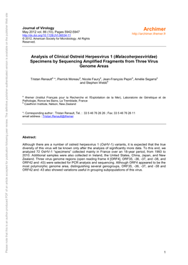 Analysis of Clinical Ostreid Herpesvirus 1 (Malacoherpesviridae) Specimens by Sequencing Amplified Fragments from Three Virus Ge