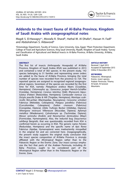 Addenda to the Insect Fauna of Al-Baha Province, Kingdom of Saudi Arabia with Zoogeographical Notes Magdi S