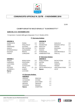 Comunicato Ufficiale N. 32/Tb – 9 Novembre 2016