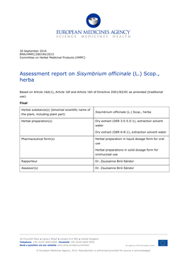 Assessment Report on Sisymbrium Officinale (L.) Scop., Herba