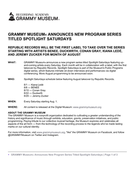 Grammy Museum® Announces New Program Series Titled Spotlight Saturdays