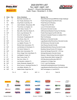 2020 ENTRY LIST TA / XGT / SGT / GT Round 7 – Circuit of the Americas Austin, Texas – November 6 – 8, 2020