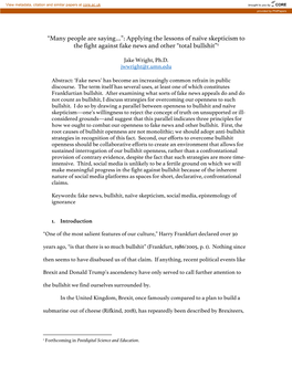 Many People Are Saying…”: Applying the Lessons of Naïve Skepticism to the Fight Against Fake News and Other “Total Bullshit”1