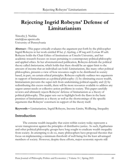 Rejecting Ingrid Robeyns' Defense of Limitarianism