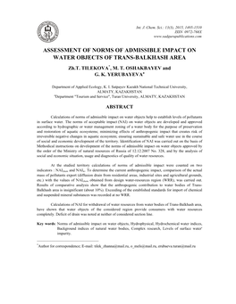 Assessment of Norms of Admissible Impact on Water Objects of Trans-Balkhash Area