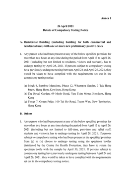 Annex 1 26 April 2021 Details of Compulsory Testing Notice A. Residential Building