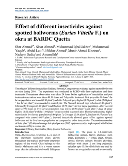 Effect of Different Insecticides Against Spotted Bollworms (Earias Vittella F.) on Okra at BARDC Quetta