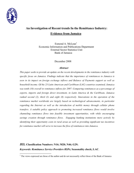 An Investigation of Recent Trends in the Remittance Industry: Evidence from Jamaica