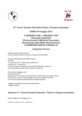 XI° Forum Sociale Antimafia Felicia E Peppino Impastato CINISI