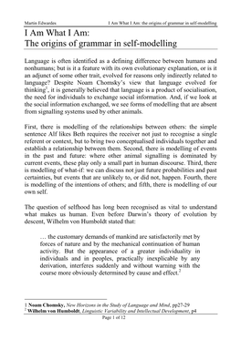 The Origins of Grammar in Self-Modelling I Am What I Am: the Origins of Grammar in Self-Modelling