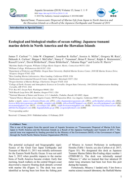 Ecological and Biological Studies of Ocean Rafting: Japanese Tsunami Marine Debris in North America and the Hawaiian Islands