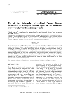 Use of the Arbuscular Mycorrhizal Fungus Glomus Intraradices As Biological Control Agent of the Nematode Nacobbus Aberrans Parasitizing Tomato