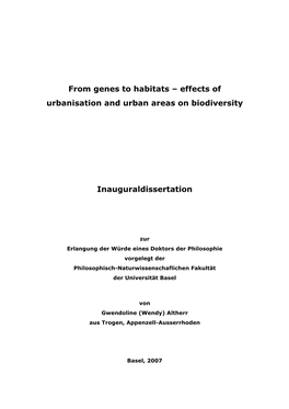 Effects of Urbanisation and Urban Areas on Biodiversity