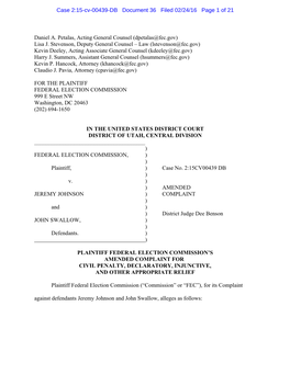 Law (Lstevenson@Fec.Gov) Kevin Deeley, Acting Associate General Counsel (Kdeeley@Fec.Gov) Harry J