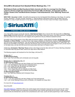 Siriusxm to Broadcast from Baseball Winter Meetings Dec. 7-11