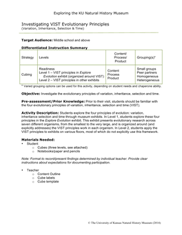 Investigating VIST Evolutionary Principles (Variation, Inheritance, Selection & Time)