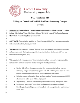 UA Resolution #19 Calling on Cornell to Establish Itself As a Sanctuary