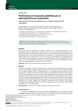 Performance of Guazuma Ulmifolia Lam. in Subtropical Forest Restoration Desempenho De Guazuma Ulmifolia Lam