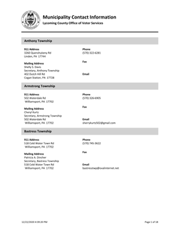 Municipality Contact Information Lycoming County Office of Voter Services