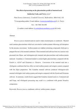 The Effect of Processing on the Glucosinolate Profile of Mustard Seed