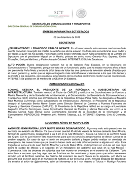 SÍNTESIS INFORMATIVA SCT-ESTADOS 09 De Diciembre De 2012 SECRETARIO