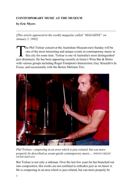 CONTEMPORARY MUSIC at the MUSEUM by Eric Myers ______[This Article Appeared in the Weekly Magazine Called “MAGAZINE” on January 2, 1983]