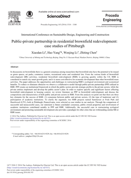 Public-Private Partnership in Residential Brownfield Redevelopment: Case Studies of Pittsburgh