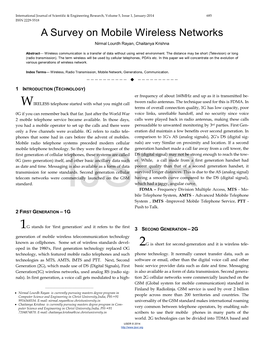 A Survey on Mobile Wireless Networks Nirmal Lourdh Rayan, Chaitanya Krishna