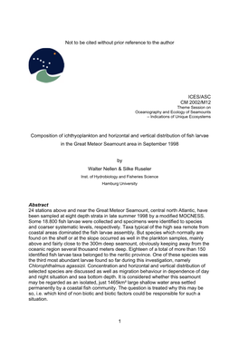 Composition of Ichthyoplankton and Horizontal and Vertical Distribution of Fish Larvae in the Great Meteor Seamount Area in September 1998