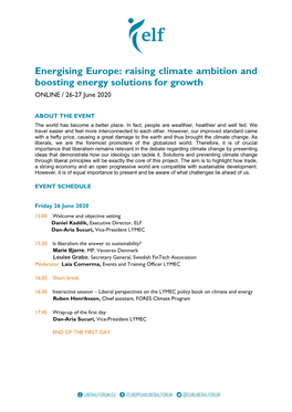 Energising Europe: Raising Climate Ambition and Boosting Energy Solutions for Growth ONLINE / 26-27 June 2020