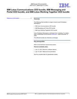 IBM Lotus Communications CEO Bundle, IBM Messaging and Portal CEO Bundle, and IBM Lotus Working Together CEO Bundle