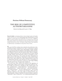 THE RISE of COMPETITIVE AUTHORITARIANISM Steven Levitsky and Lucan A