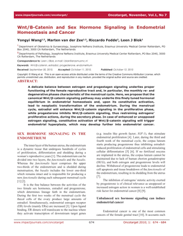 Wnt/Β-Catenin and Sex Hormone Signaling in Endometrial Homeostasis and Cancer