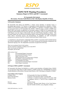 RSPO NEW Planting Procedures Summary Report of SEIA and HCV Assessment