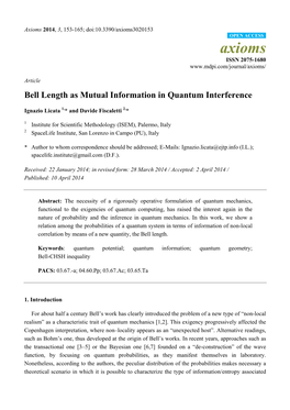 Axioms 2014, 3, 153-165; Doi:10.3390/Axioms3020153 OPEN ACCESS Axioms ISSN 2075-1680