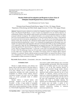 Measles Outbreak Investigation and Response in Jarar Zone of Ethiopian Somali Regional State, Eastern Ethiopia