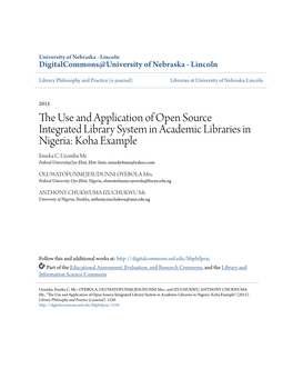 The Use and Application of Open Source Integrated Library System in Academic Libraries in Nigeria: Koha Example