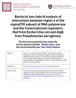 Subunit of RNA Polymerase and the Transcriptional Regulators Rsd from Escherichia Coli and Algq from Pseudomonas Aeruginosa