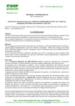 Uisp – Unione Italiana Sport Per Tutti – Comitato Regionale Lazio 00155 Roma-L.Go N.Franchellucci N°73- Tel