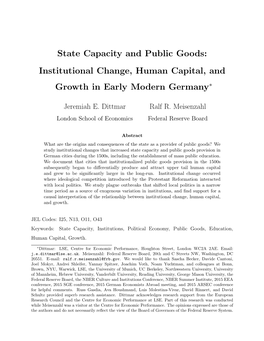 State Capacity and Public Goods: Institutional Change, Human Capital, and Growth in Early Modern Germany∗