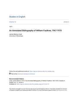 An Annotated Bibliography of William Faulkner, 1967-1970