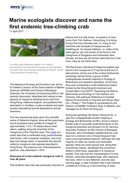 Marine Ecologists Discover and Name the First Endemic Tree-Climbing Crab 11 April 2017